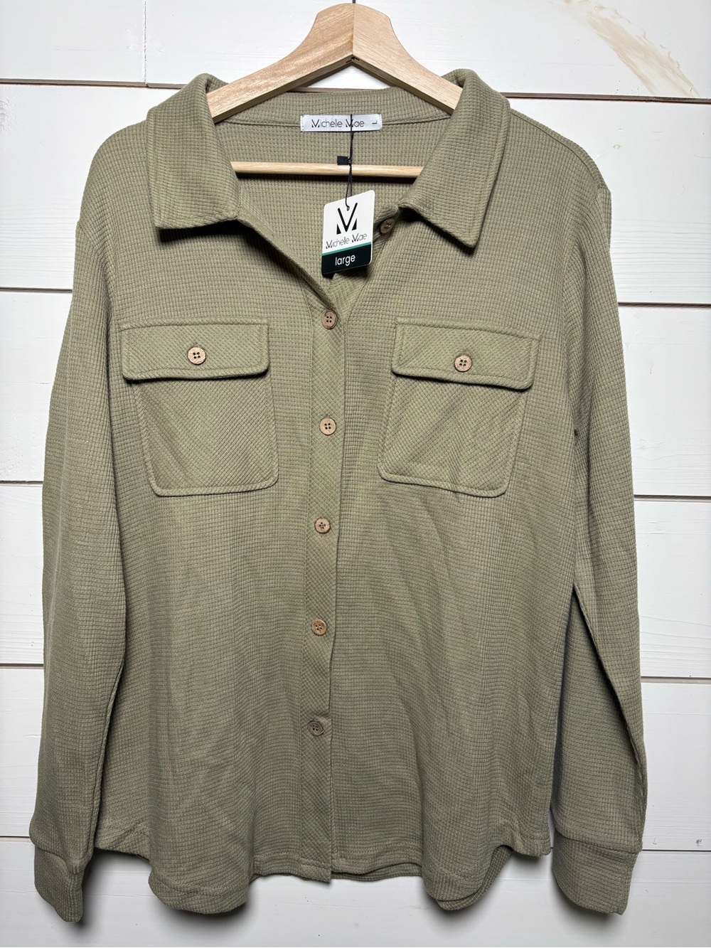 Michelle Mae Olive Green Waffle Knit Button-Down Shirt